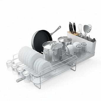 Extendable Dish Drying Rack Multifunctional Anti-Rust Drainers With Cutlery Cup Holders Adjustable