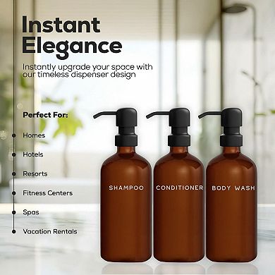 Luxury Shampoo Conditioner Dispenser Set Refillable 3 PET Plastic Bottles Stainless Steel Pumps