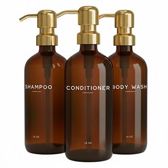 Luxury Shampoo Conditioner Dispenser Set Refillable 3 PET Plastic Bottles Stainless Steel Pumps