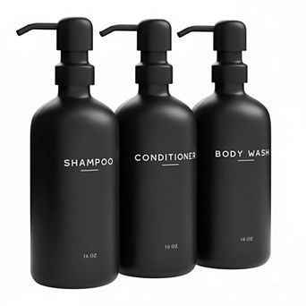 Luxury Shampoo Conditioner Dispenser Set Refillable 3 PET Plastic Bottles Stainless Steel Pumps
