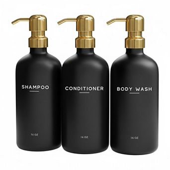 Luxury Shampoo Conditioner Dispenser Set Refillable 3 PET Plastic Bottles Stainless Steel Pumps