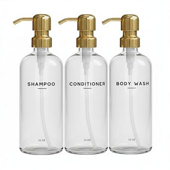 Luxury Shampoo Conditioner Dispenser Set Refillable 3 PET Plastic Bottles Stainless Steel Pumps
