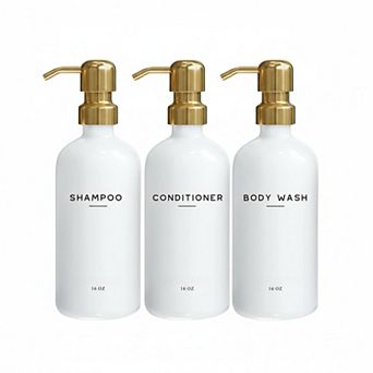Luxury Shampoo Conditioner Dispenser Set Refillable 3 PET Plastic Bottles Stainless Steel Pumps