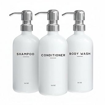 Luxury Shampoo Conditioner Dispenser Set Refillable 3 PET Plastic Bottles Stainless Steel Pumps