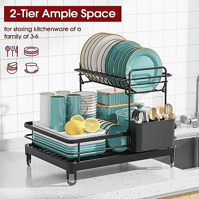 Dish Drying Rack 2-Tier Stainless Steel Kitchen Counter Organizer with Cutlery Holder Auto Drainage