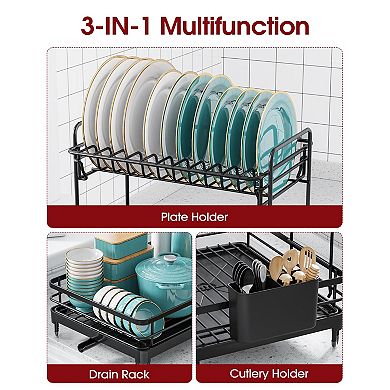Dish Drying Rack 2-Tier Stainless Steel Kitchen Counter Organizer with Cutlery Holder Auto Drainage