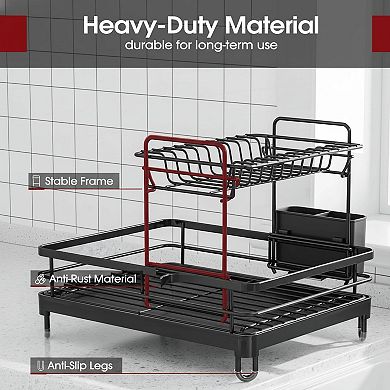Dish Drying Rack 2-Tier Stainless Steel Kitchen Counter Organizer with Cutlery Holder Auto Drainage