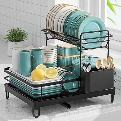 Dish Drying Rack 2-Tier Stainless Steel Kitchen Counter Organizer with Cutlery Holder Auto Drainage