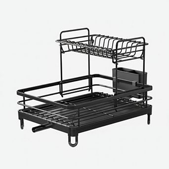 Dish Drying Rack 2 tier Stainless Steel Kitchen Counter Organizer with Cutlery Holder Auto Drainage