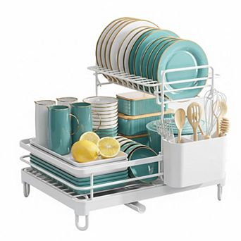 Dish Drying Rack 2 tier Stainless Steel Kitchen Counter Organizer with Cutlery Holder Auto Drainage