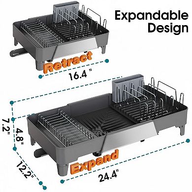 Large Expandable Dish Drying Rack Space Saving Rust Resistant Adjustable Length 16.4-24.4 Inches