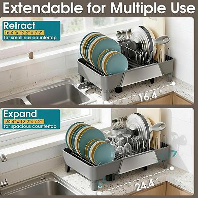 Large Expandable Dish Drying Rack Space Saving Rust Resistant Adjustable Length 16.4-24.4 Inches