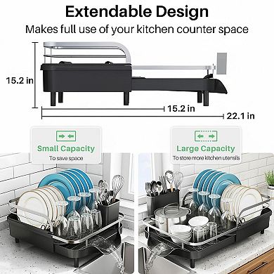 Expandable Dish Drying Rack Stainless Steel Drainer with Drainboard Utensil Holder