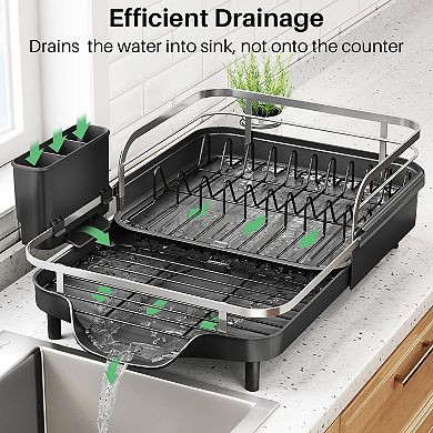 Expandable Dish Drying Rack Stainless Steel Drainer with Drainboard Utensil Holder