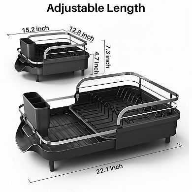 Expandable Dish Drying Rack Stainless Steel Drainer with Drainboard Utensil Holder