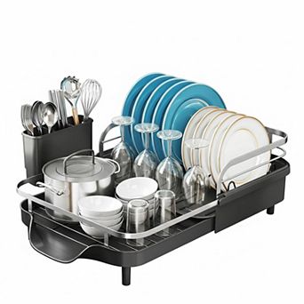Expandable Dish Drying Rack Stainless Steel Drainer with Drainboard Utensil Holder