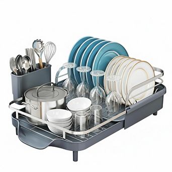Expandable Dish Drying Rack Stainless Steel Drainer with Drainboard Utensil Holder