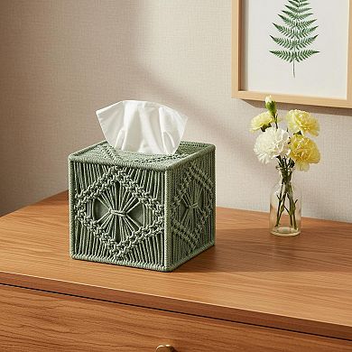 Handmade Macrame Square Tissue Box Cover Boho Woven Open Bottom Holder