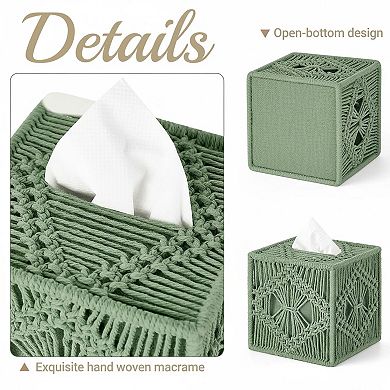 Handmade Macrame Square Tissue Box Cover Boho Woven Open Bottom Holder