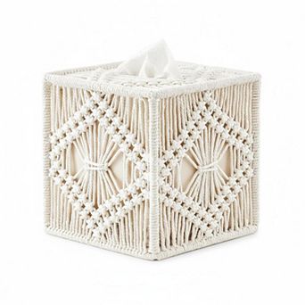 Handmade Macrame Square Tissue Box Cover Boho Woven Open Bottom Holder