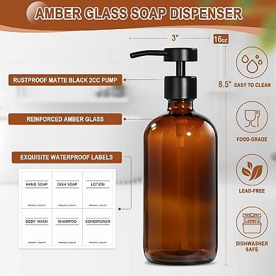 Kitchen Soap Dispenser Set w/Wood Riser Tray, Glass Stainless Steel Hand Lotion Bathroom Decor