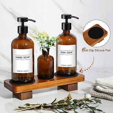 Kitchen Soap Dispenser Set w/Wood Riser Tray, Glass Stainless Steel Hand Lotion Bathroom Decor