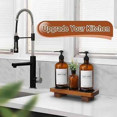 Kitchen Soap Dispenser Set w/Wood Riser Tray, Glass Stainless Steel Hand Lotion Bathroom Decor