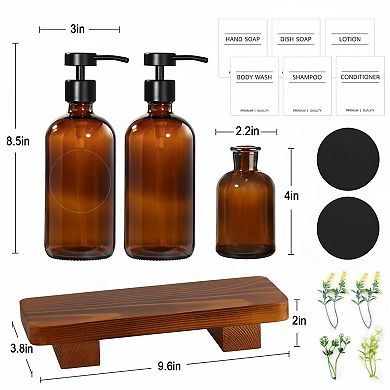 Kitchen Soap Dispenser Set w/Wood Riser Tray, Glass Stainless Steel Hand Lotion Bathroom Decor