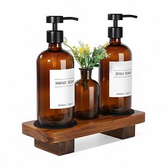 Kitchen Soap Dispenser Set w/Wood Riser Tray, Glass Stainless Steel Hand Lotion Bathroom Decor