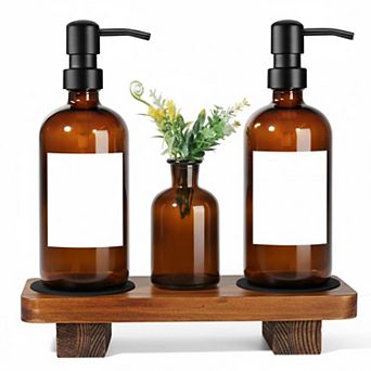 Kitchen Soap Dispenser Set w/Wood Riser Tray, Glass Stainless Steel Hand Lotion Bathroom Decor