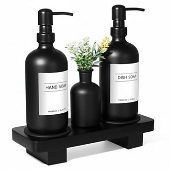 Kitchen Soap Dispenser Set w/Wood Riser Tray, Glass Stainless Steel Hand Lotion Bathroom Decor