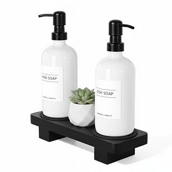 Kitchen Soap Dispenser Set w/Wood Riser Tray, Glass Stainless Steel Hand Lotion Bathroom Decor