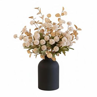 White Kiku Artificial Flowers in Metal Vase Home Table Decor Centerpiece
