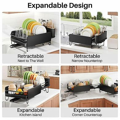 Dish Drying Rack Expandable Large Stainless Steel Rustproof with Cutlery Holder Fast Drainage