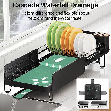Dish Drying Rack Expandable Large Stainless Steel Rustproof with Cutlery Holder Fast Drainage