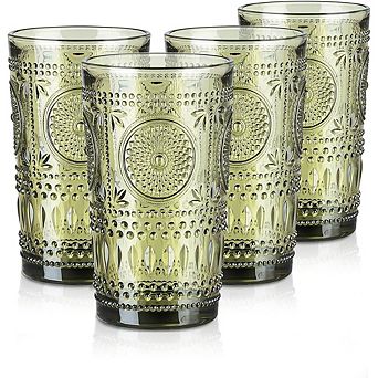 Green Vintage Glasses Set of 4, 14 oz Boho Sunflower Highball & Tumbler Glasses