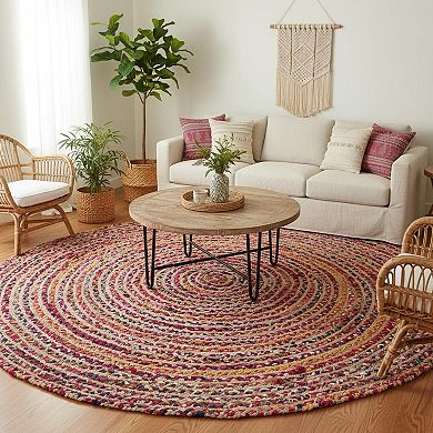 Handwoven Reversible Chindi Jute Round Area Rug Multicolor Boho Rustic Home Decor