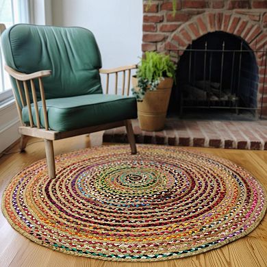 Handwoven Reversible Chindi Jute Round Area Rug Multicolor Boho Rustic Home Decor