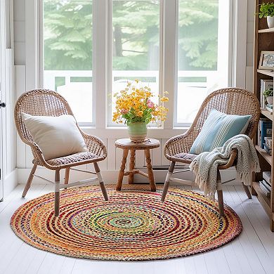 Handwoven Reversible Chindi Jute Round Area Rug Multicolor Boho Rustic Home Decor
