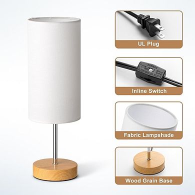 Small Table Lamp with Fabric Shade and Wood Base, Modern Bedside Lamp