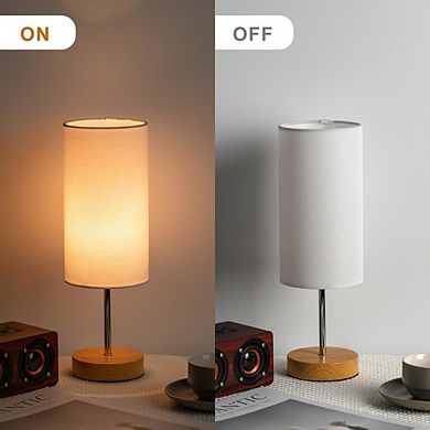 Small Table Lamp with Fabric Shade and Wood Base, Modern Bedside Lamp