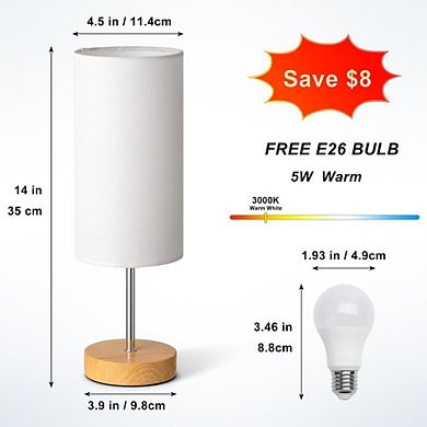 Small Table Lamp with Fabric Shade and Wood Base, Modern Bedside Lamp