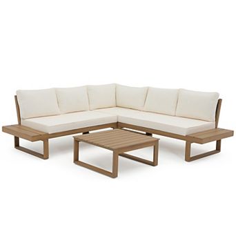 SUNSITT 4 pc Acacia Wood Patio Furniture L-Shaped Outdoor Sectional Sofa Set with Coffee Table