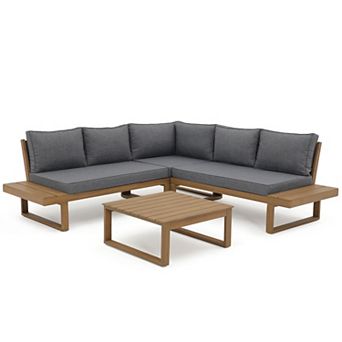 SUNSITT 4 pc Acacia Wood Patio Furniture L-Shaped Outdoor Sectional Sofa Set with Coffee Table