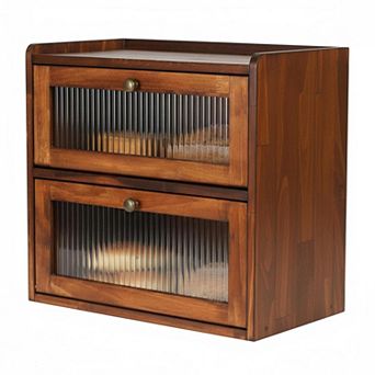 2 Layer Wooden Bread Box Large Capacity, Vent Holes, Magnetic Acrylic Door Kitchen Countertop
