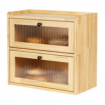 2 Layer Wooden Bread Box Large Capacity, Vent Holes, Magnetic Acrylic Door Kitchen Countertop