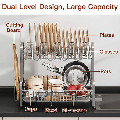 2 Tier Stainless Steel Dish Drying Rack Large Capacity Space Saving Countertop with Drainboard