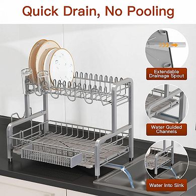 2 Tier Stainless Steel Dish Drying Rack Large Capacity Space Saving Countertop with Drainboard