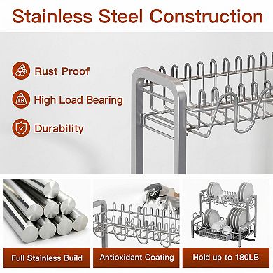 2 Tier Stainless Steel Dish Drying Rack Large Capacity Space Saving Countertop with Drainboard