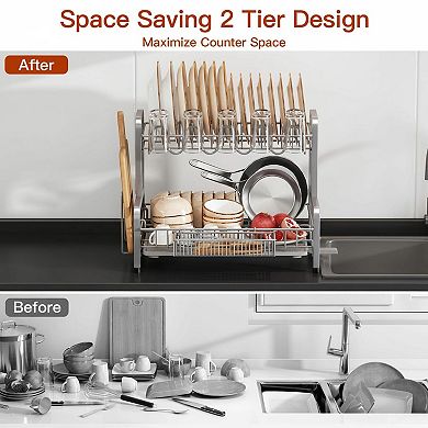 2 Tier Stainless Steel Dish Drying Rack Large Capacity Space Saving Countertop with Drainboard